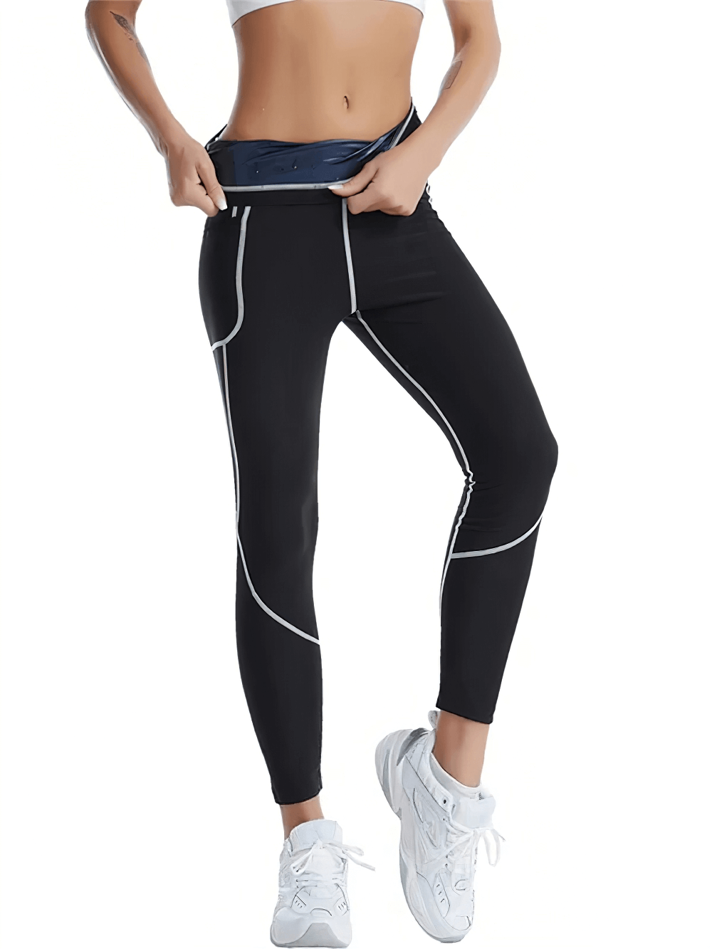 Woman wearing black Thermo Leggings SF2250 showcasing the heat-trapping design for enhanced workout and weight loss.